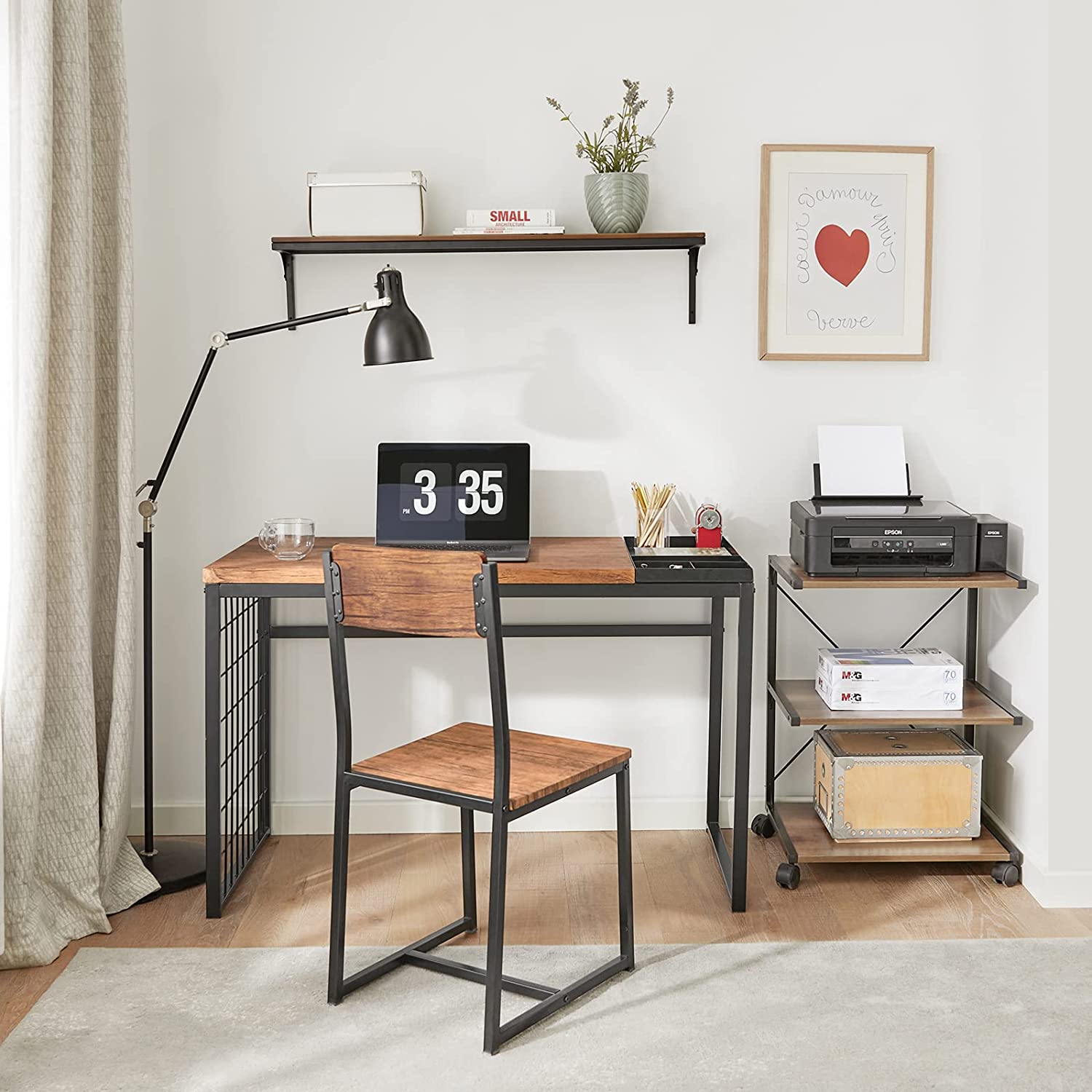 Sæt skrivebord + stol med 2 flytbare hylder, industrielt look, naturfarvet - Sort Skrivebord