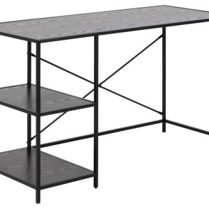 ACT NORDIC Seaford rektangulær skrivebord, Bordplade og 2 hylder sort ask ru melamin, Ben mat sort ru pulverlakeret metal, 130x60x75 cm