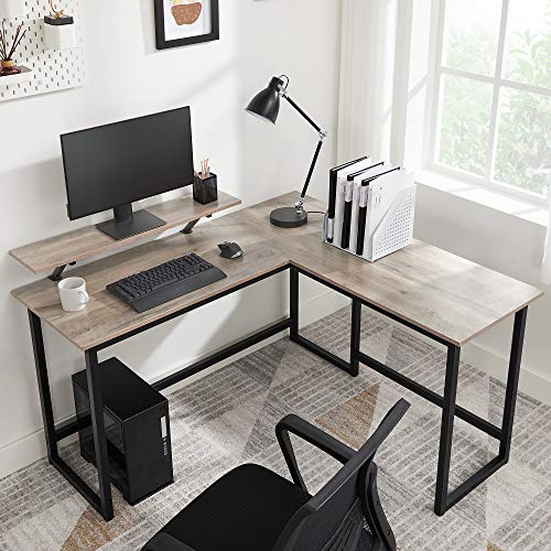 Computerbord, L-formet skrivebord, industrielt look, pladsbesparende, 140x130x76/91,5cm, greige og sort
