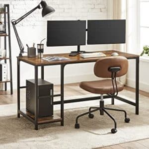 Skrivebord / computerbord med 2 hylder, 90x50 cm, stålramme, rustikt brun/sort