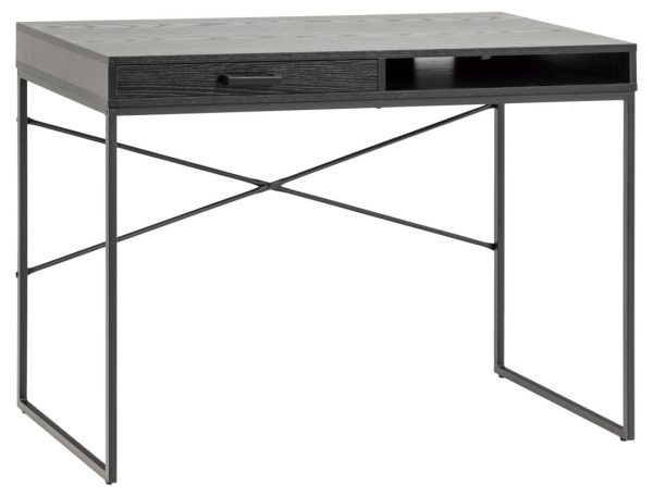 ACT NORDIC Seaford skrivebord, m. 1 hylde og 1 skuffe - sort ask ru melamin og sort stål (110x45)