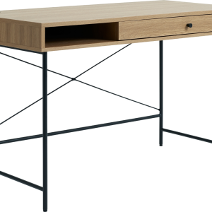 Skrivebord Nordique Design Pensacola i egetræ og rattan med skuffe og sort MDF-overflade 120x60 cm