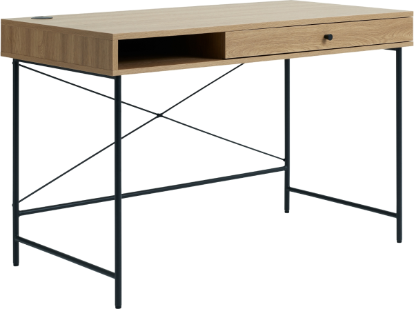 Skrivebord Nordique Design Pensacola i egetræ og rattan med skuffe og sort MDF-overflade 120x60 cm