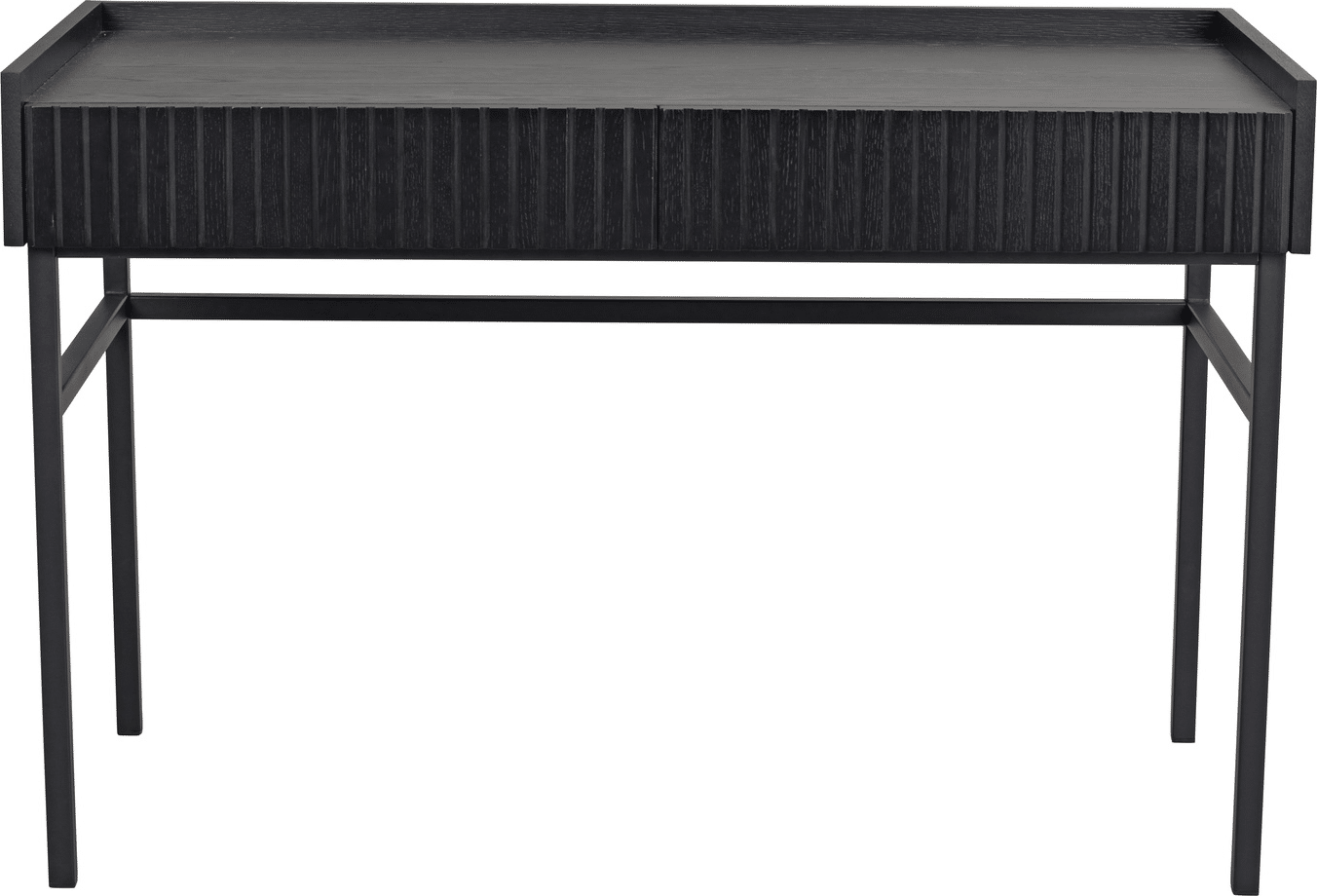 Skrivebord Rowico Halifax i sort egfinér med egetræslister, softluk skuffer og guldfinish greb 120x61x82 cm